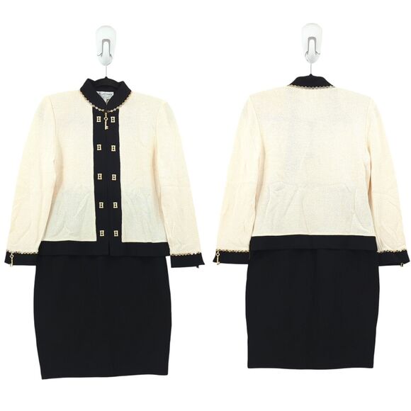 St John Evening Women 4 Santana Suit Blazer Midi Skirt White Black Key FALL 2001 - Picture 1 of 11